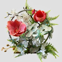 گل مگنولیا قرمز و ارکیده سفید آبی مصنوعی همراه گلدان فانتزی